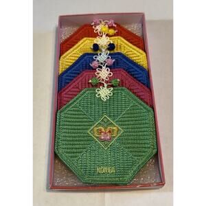 NEW Vintage Korean Traditional Embroidered Silk Coaster Set of 5 Floral Boxed